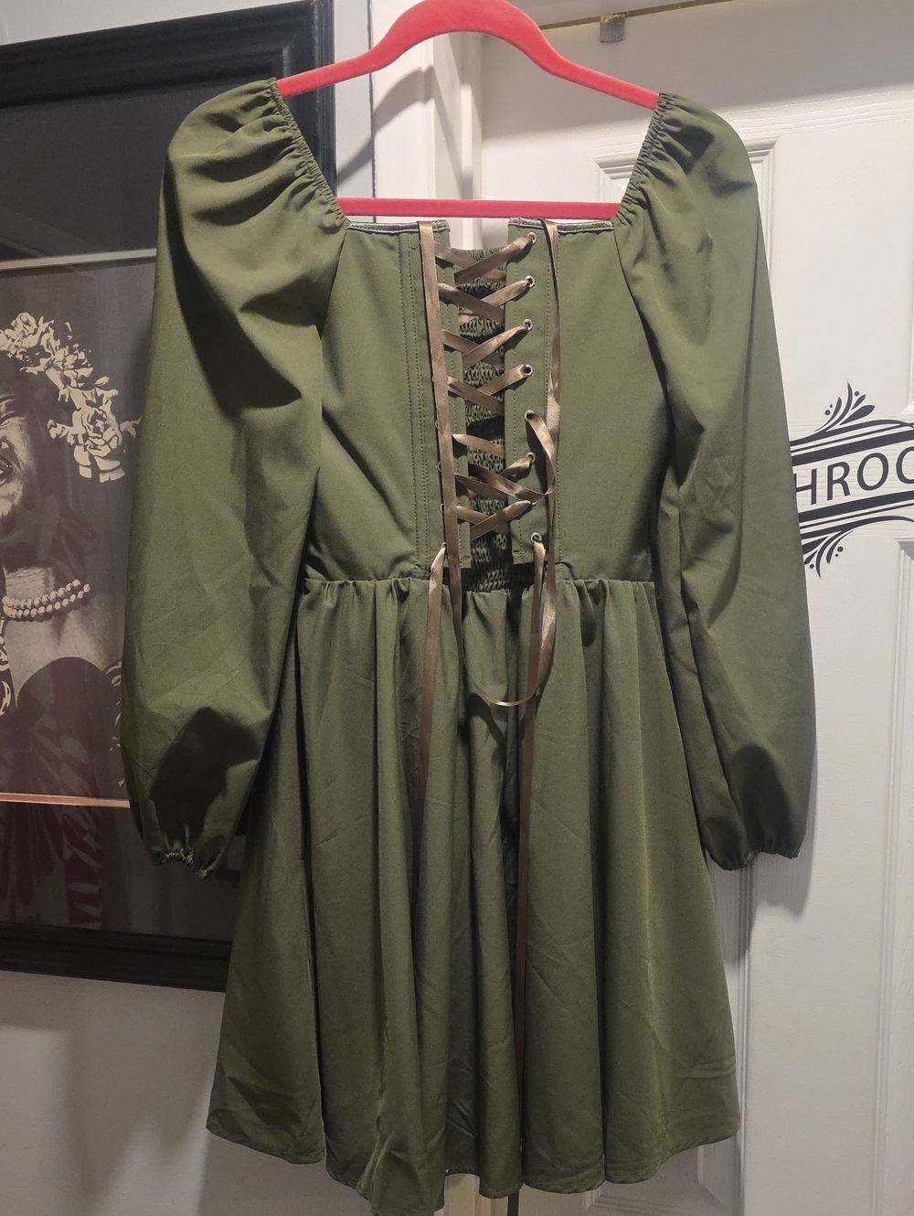 Olive Green Lace-Up Mini Dress with Puff Sleeves